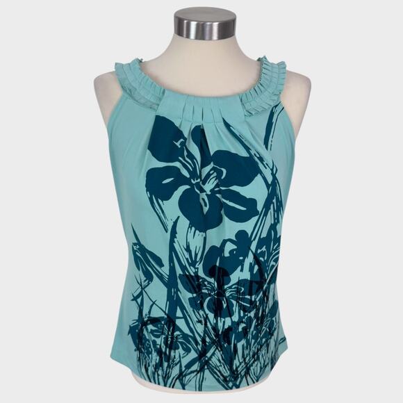 The Limited Medium Green Sleeveless Top Tropical Blue Floral Stretch Polyester - Picture 1 of 8
